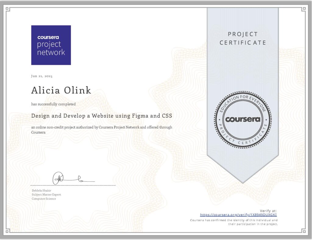 Figma and CSS website design Cousera Certificate.